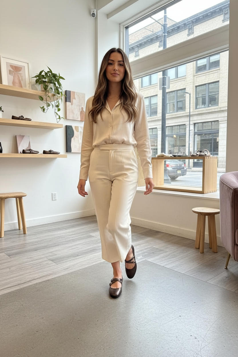 Modelo caminando con zapatos Mary Jane