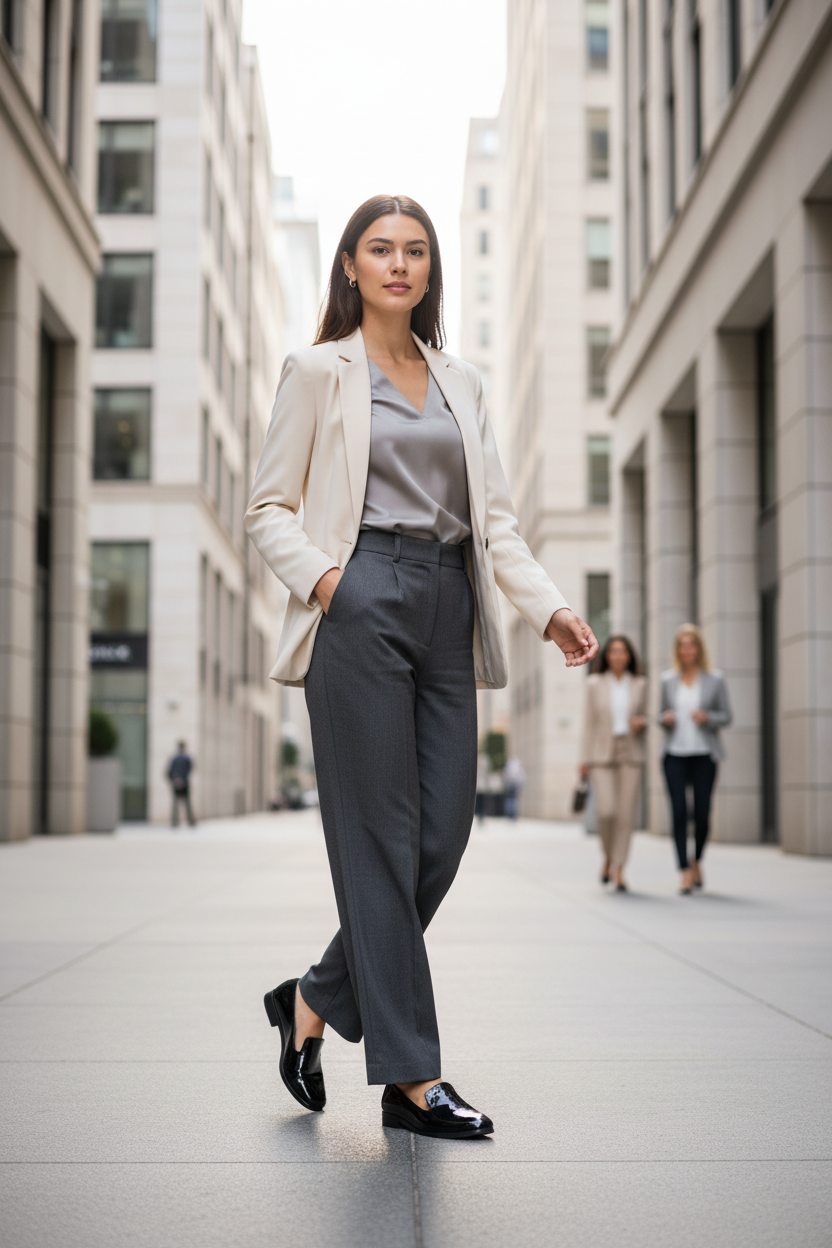 Modelo con mocasines Orlanda en zona empresarial