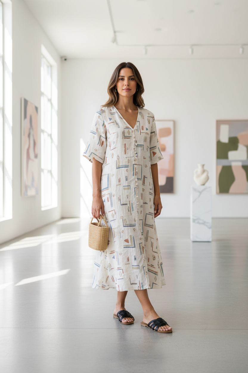 Modelo con sandalias Oderica en galería