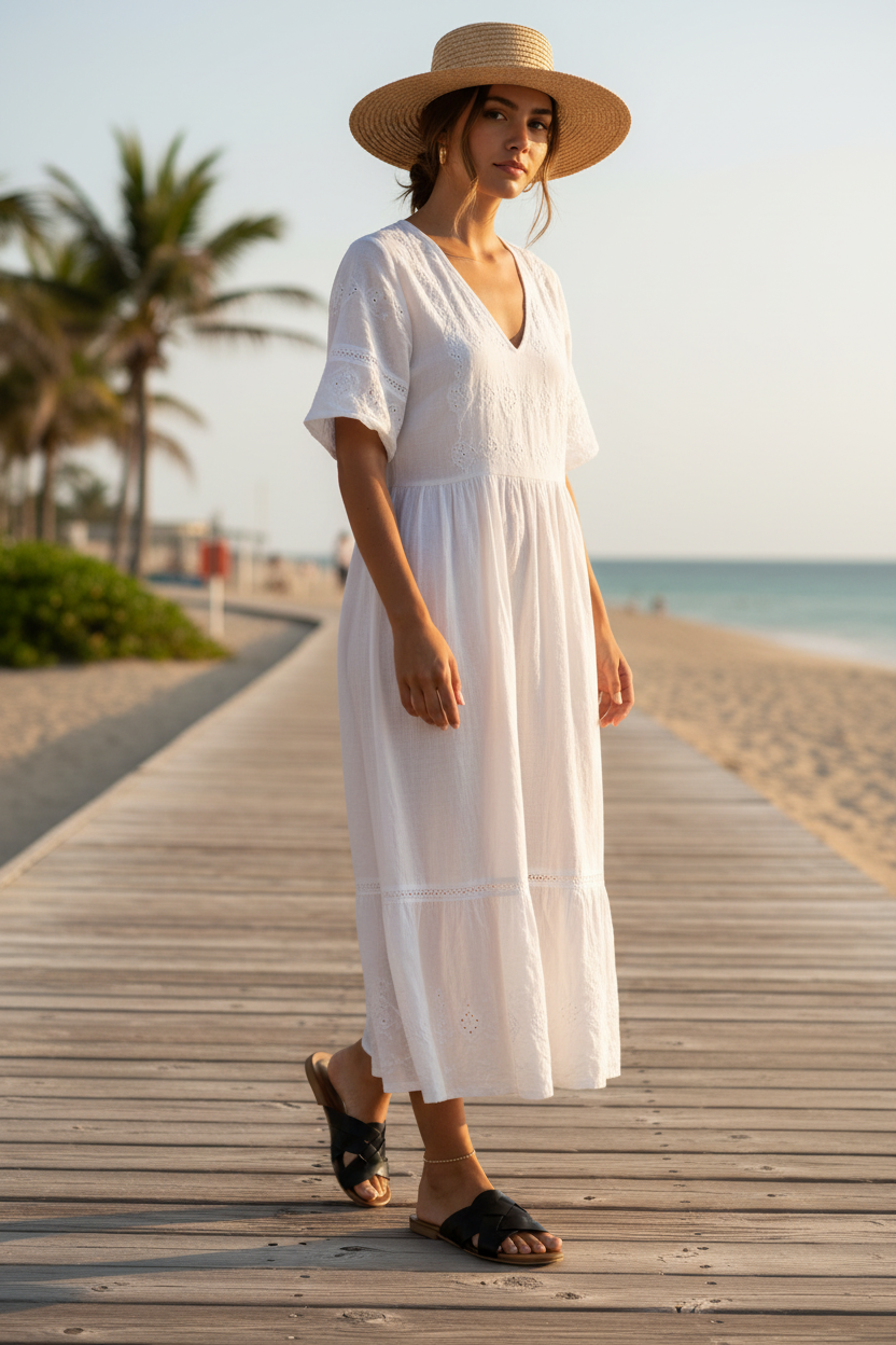 Modelo con sandalias Omara en boardwalk