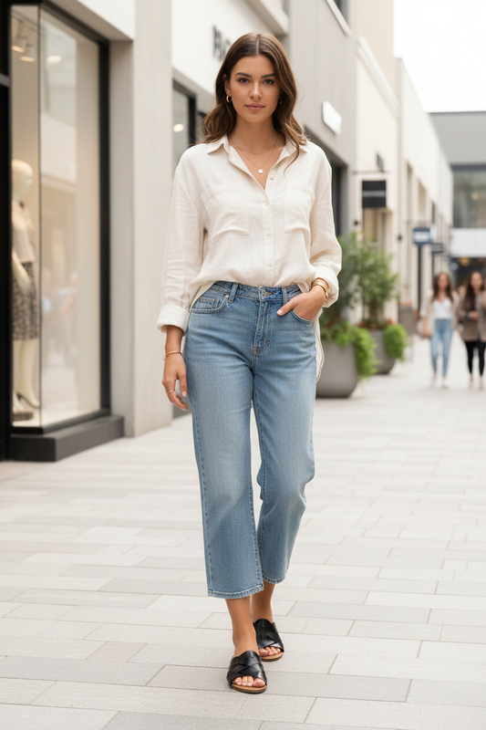 Modelo con sandalias Omara en zona urbana