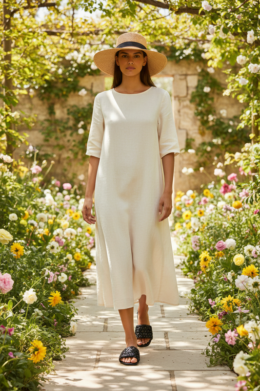 Modelo con sandalias Perla en jardín