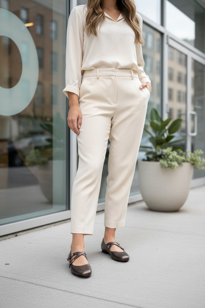 Modelo con zapatos Mary Jane en ambiente urbano