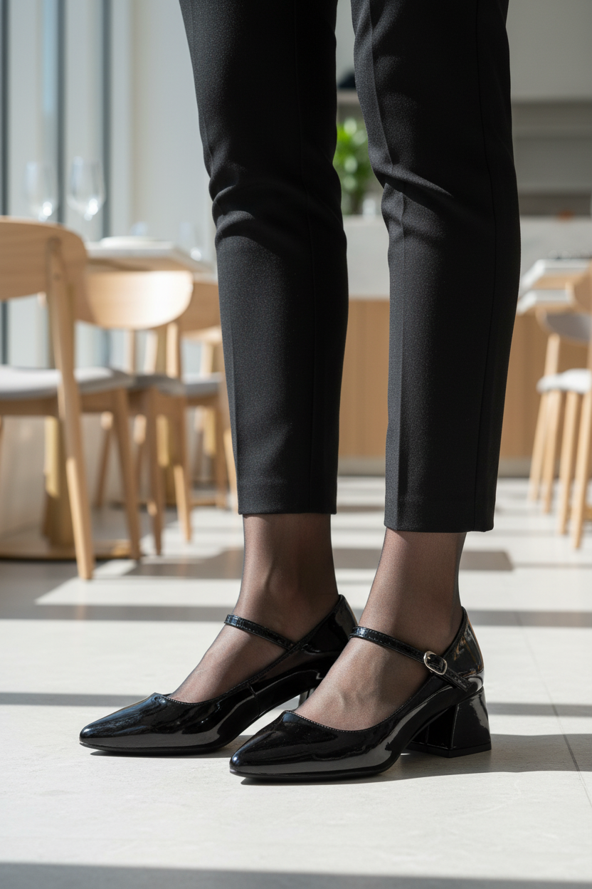 Modelo con zapatos Pola Mary Jane en restaurante