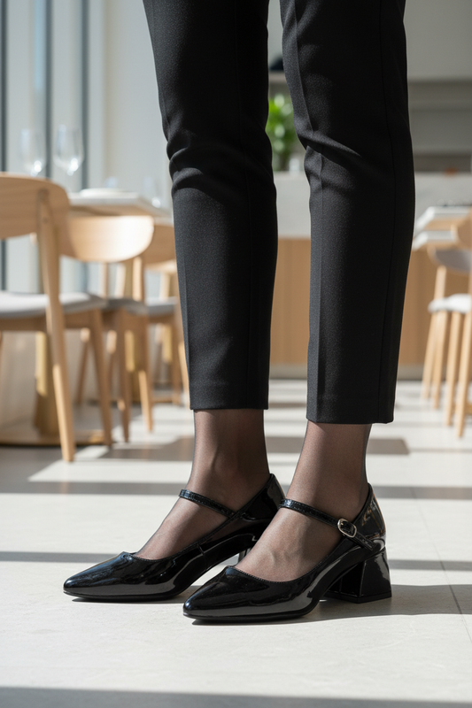 Modelo con zapatos Pola Mary Jane en restaurante