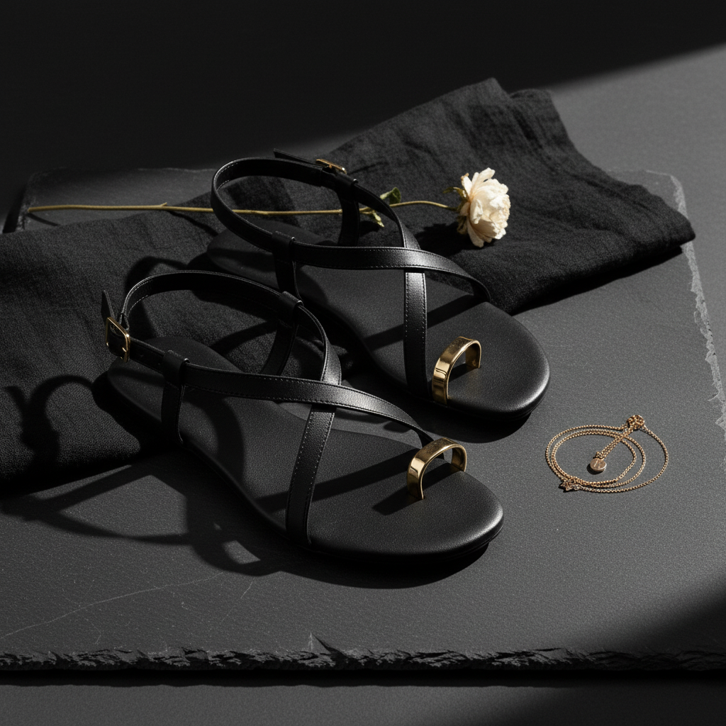 sandalias-planas-negras-still-life-marmol-negro-dorado-masstige
