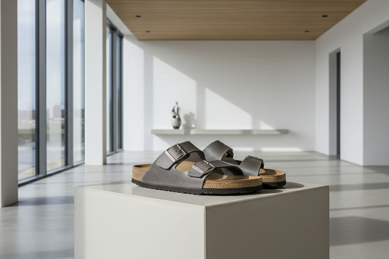 sandalias tipo birkenstock para hombre en color gris oxford en un lugar moderno y sofisticado